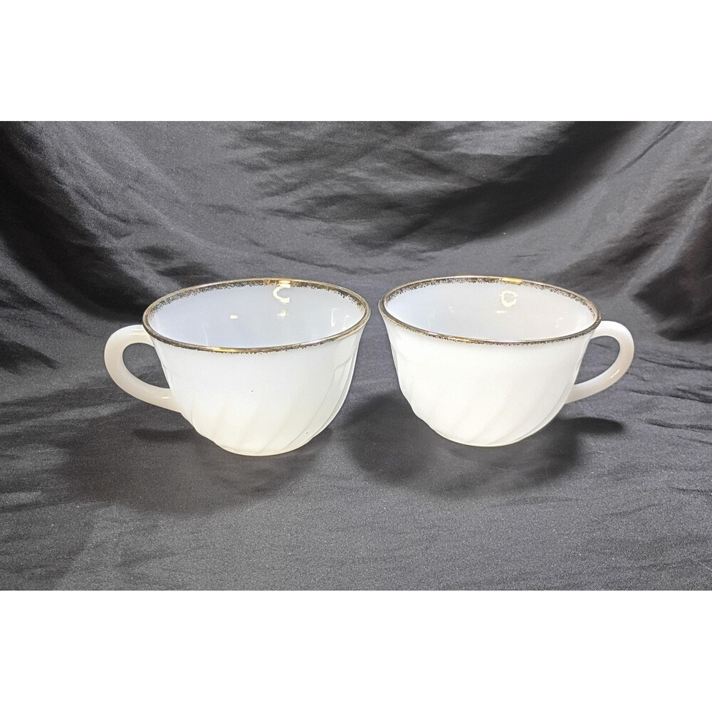 Lot of 2 Vintage Fire King Tea Cups - White with Gold Trim